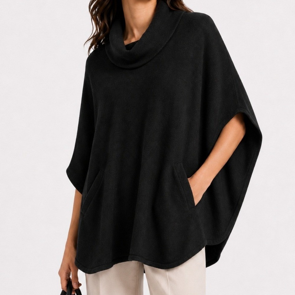 White House Black Market Black Cowl Neck Poncho Sweater with Pockets Small - Picture 1 of 8